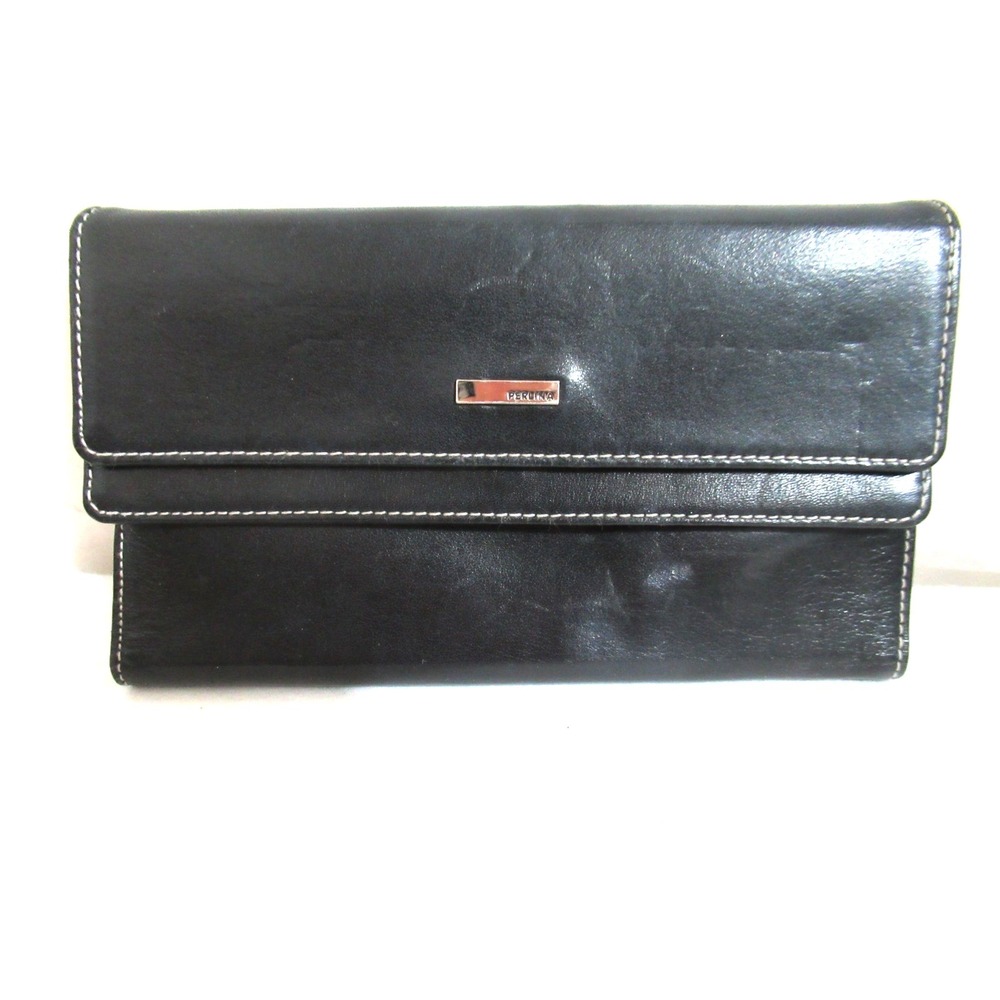 Perlina Black Calf Leather Tri-Fold Long Wallet